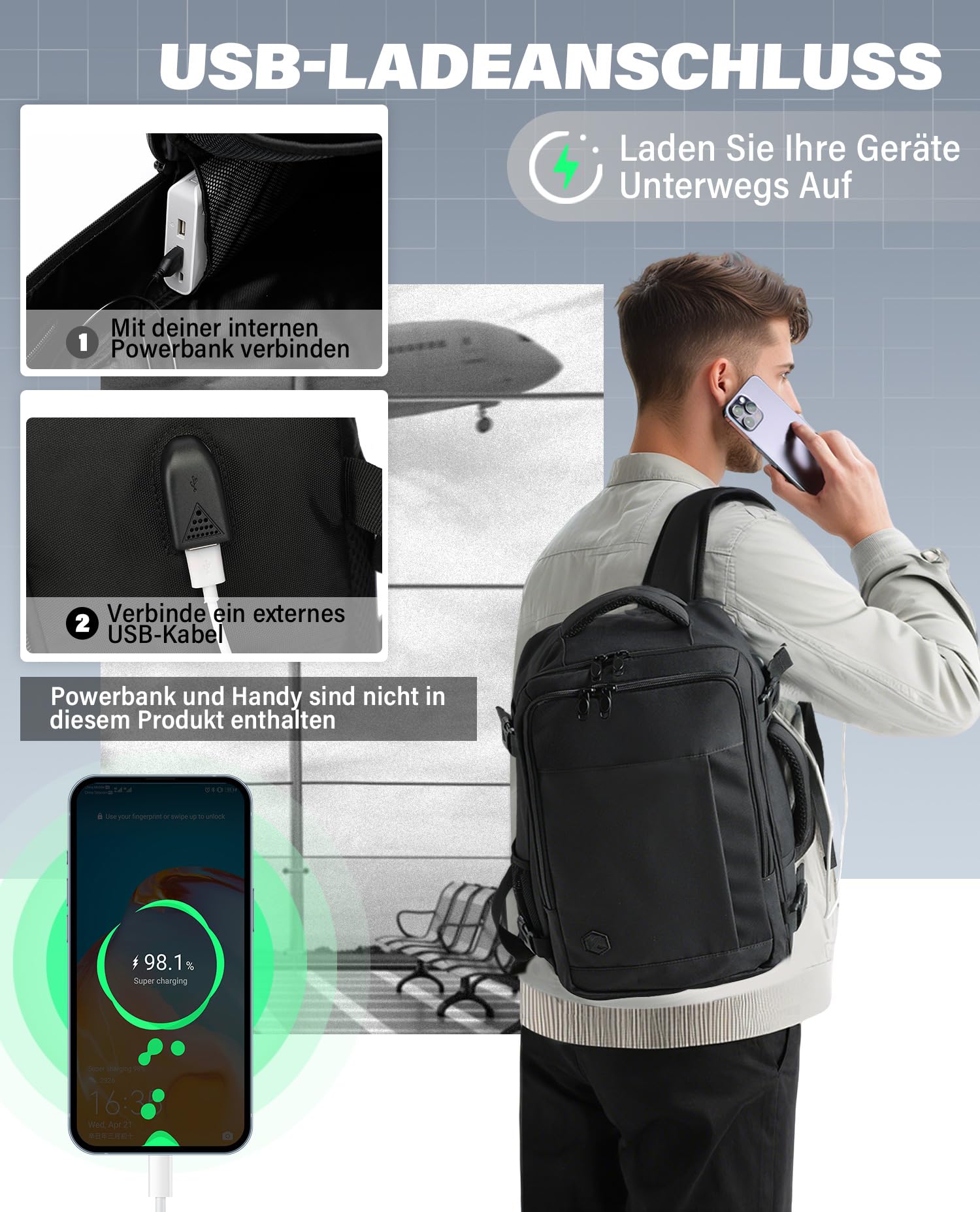 VANKEV Handgepäck 40x30x20 24L Reiserucksack Klein 15.6 Zoll Laptop Rucksack SCHWARZ