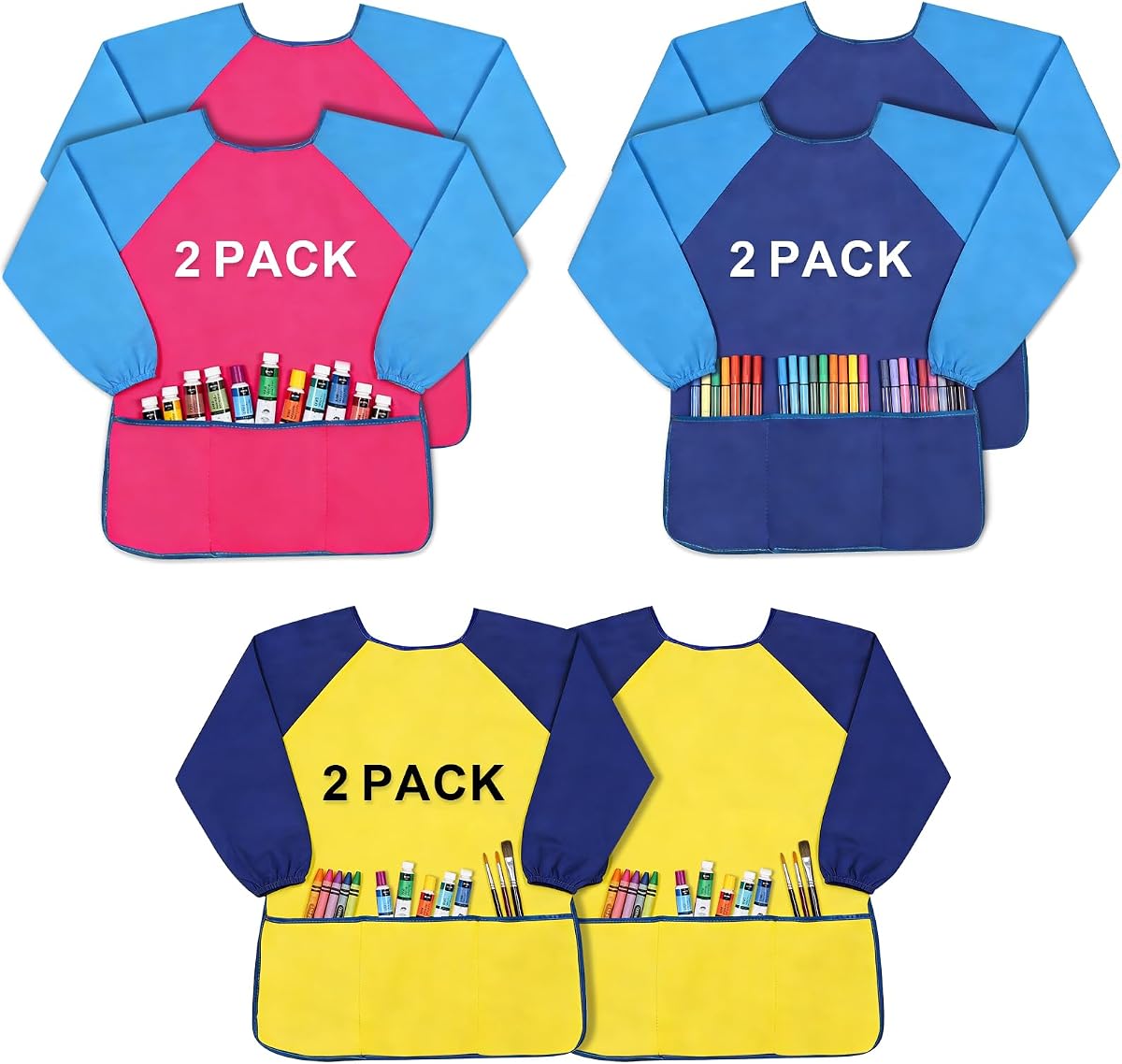 Yeunmu Kids Painting Apron 2 Pack, Waterproof Toddler Art Smock, Artist Smock for Kids Age 2-8 with Long Sleeve and 3 Pockets