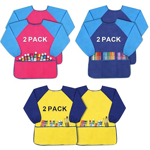 Yeunmu Kids Painting Apron 2 Pack, Waterproof Toddler Art Smock, Artist Smock for Kids Age 2-8 with Long Sleeve and 3 Pockets