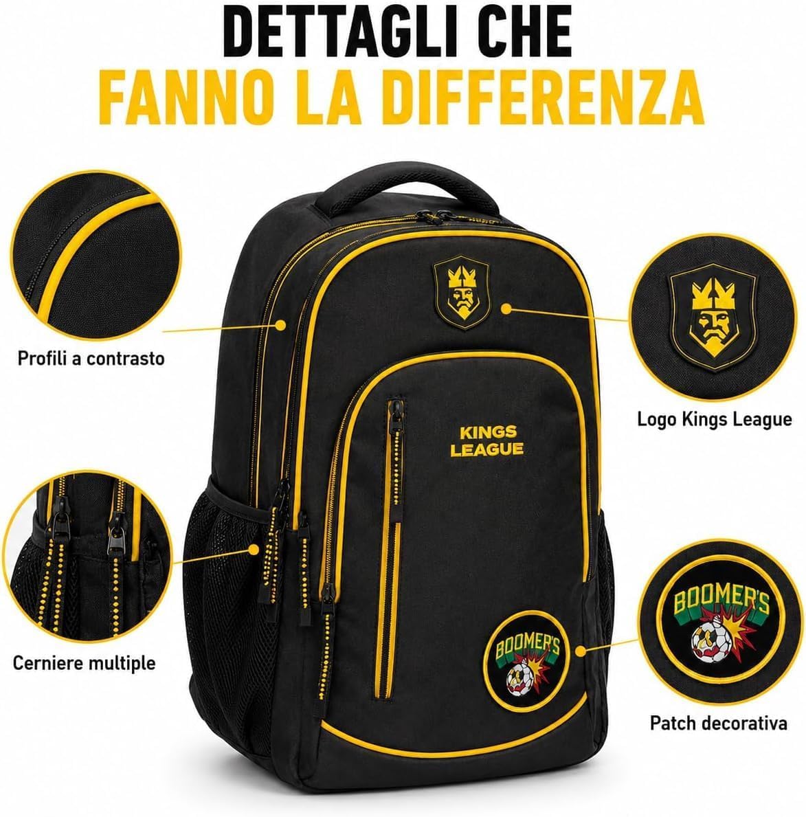 PRESTIGE & DELUXE Zaino Tondo 3 scomparti - King League Patch Intercambiabile - per la scuola primari Bambini + Astuccio FC TRM ovale 22 x 8 x 5 cm + diario + Kit penne e portachiave calcio