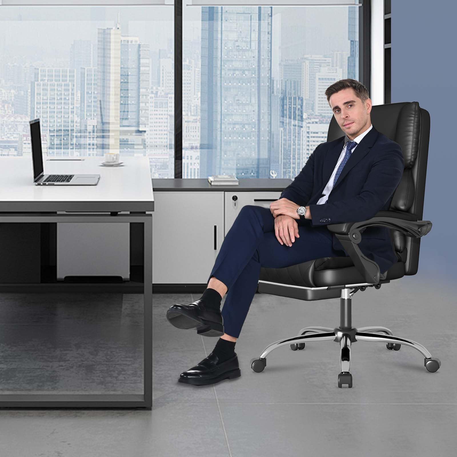 Exekutiver Ergonomischer Bürostuhl mit Fußstütze - Lederimitat neigbarer chefsessel, verstellbare Höhe und 135° neigbare Rückenlehne, Hochlehnen-Lendenstütze, für Home-Office