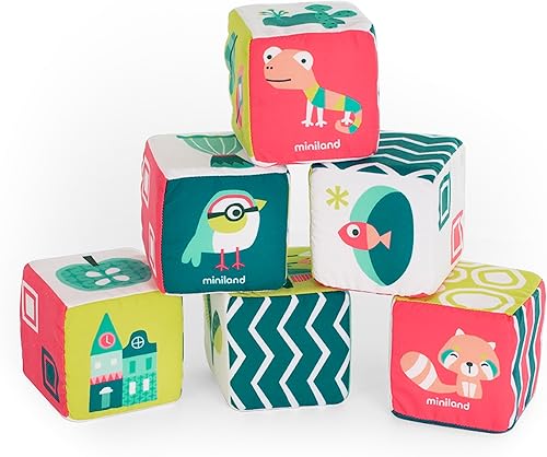 Miniatura 3 de Miniland Feel to Learn - Juego de cubos de sonajero suaves para niños, bebés, apilables, suaves, multicolor