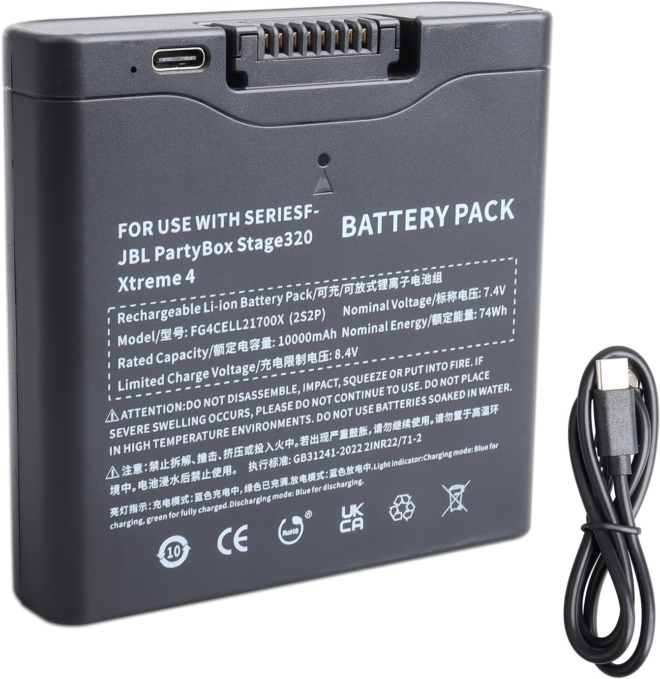 10000mAh Battery Compatible with JBL Partybox Stage 320 / Xtreme 4, 7.4V 74Wh Rechargeable Battery 400 with Type-C Input