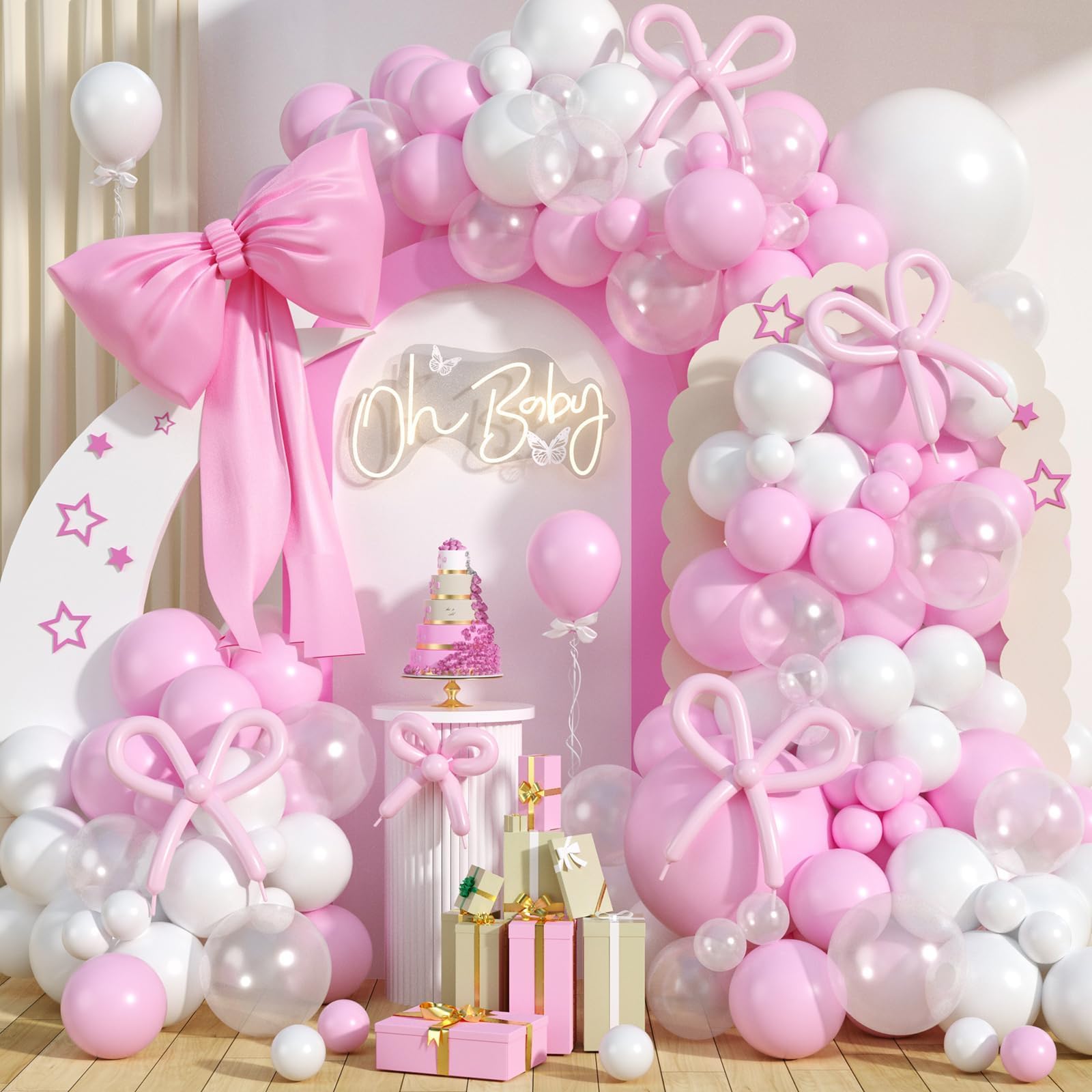 Pink and White Balloon Arch Kit,Baby Pink White Clear Long Balloons for Girl Light Pink Bow Birthday Party Decorations Wedding Baby Shower Bridal Engagement Anniversary Pink Bow Decor