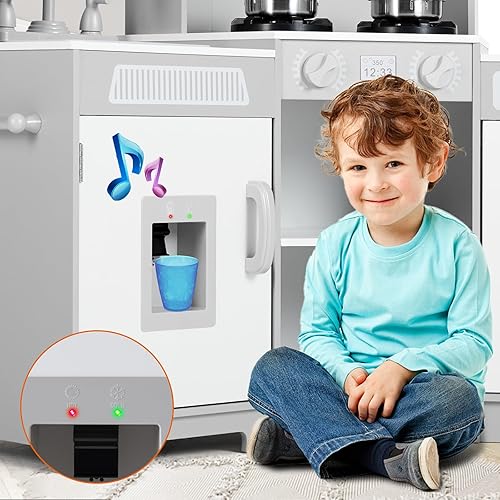 Miniatura 5 de JOYLDIAS Cocina de juego para niños, juego de juguetes de cocina de esquina de madera para niños pequeños, luces y sonidos realistas, horno