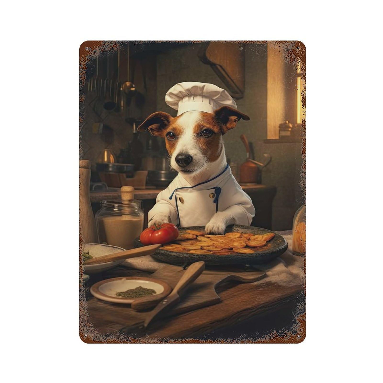 Jack Russell Terrier Chef Rust Effect Tin Sign 15.7"x11.8", Old School Wall Decor for Farmhouse, Kitchen And Entryway Decor