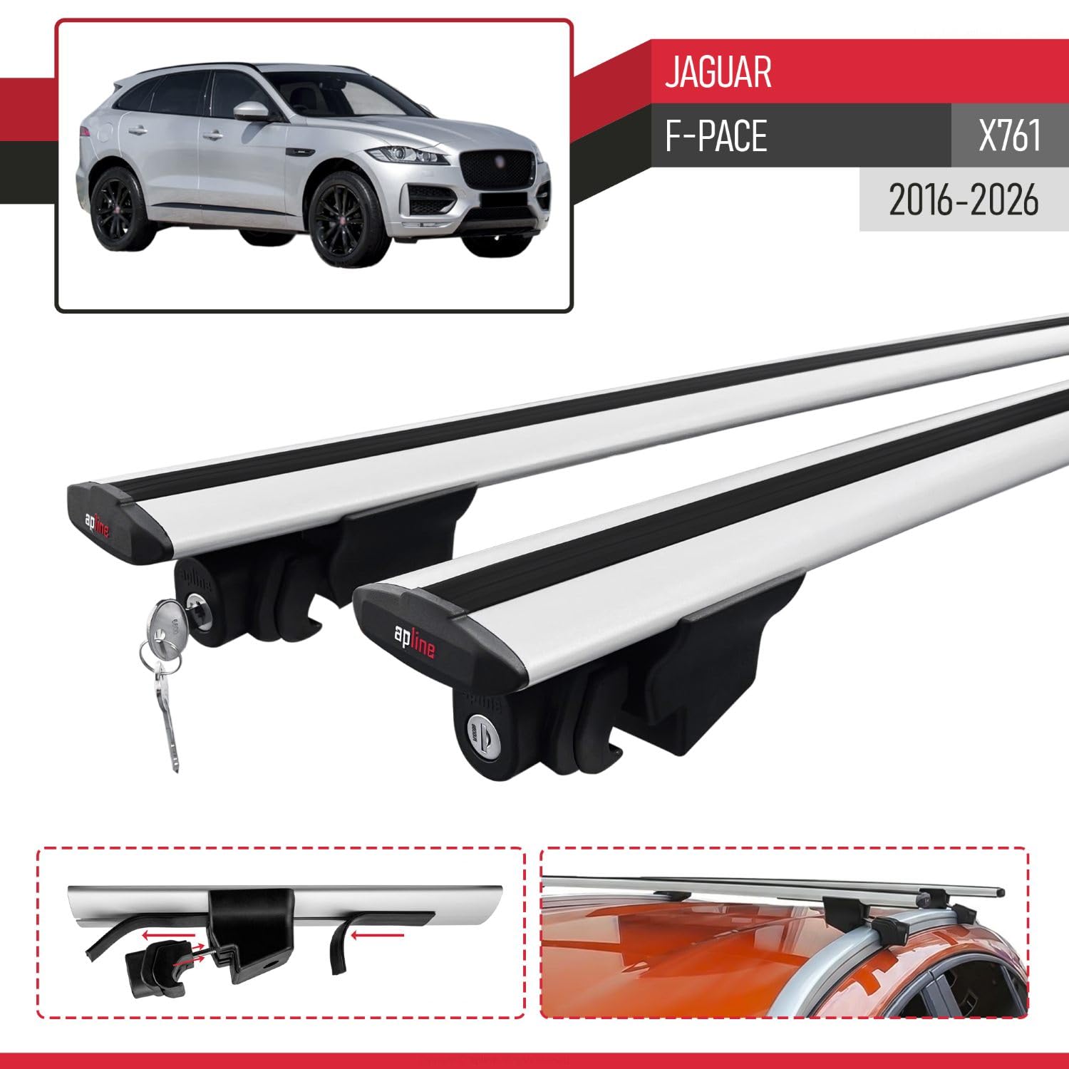 Compatible con Jaguar F-Pace (X761) 2016-2026 Modelo Hook Barra de Techo Auto Portaequipajes Barras Transversales Gris Aluminio 2 Barras