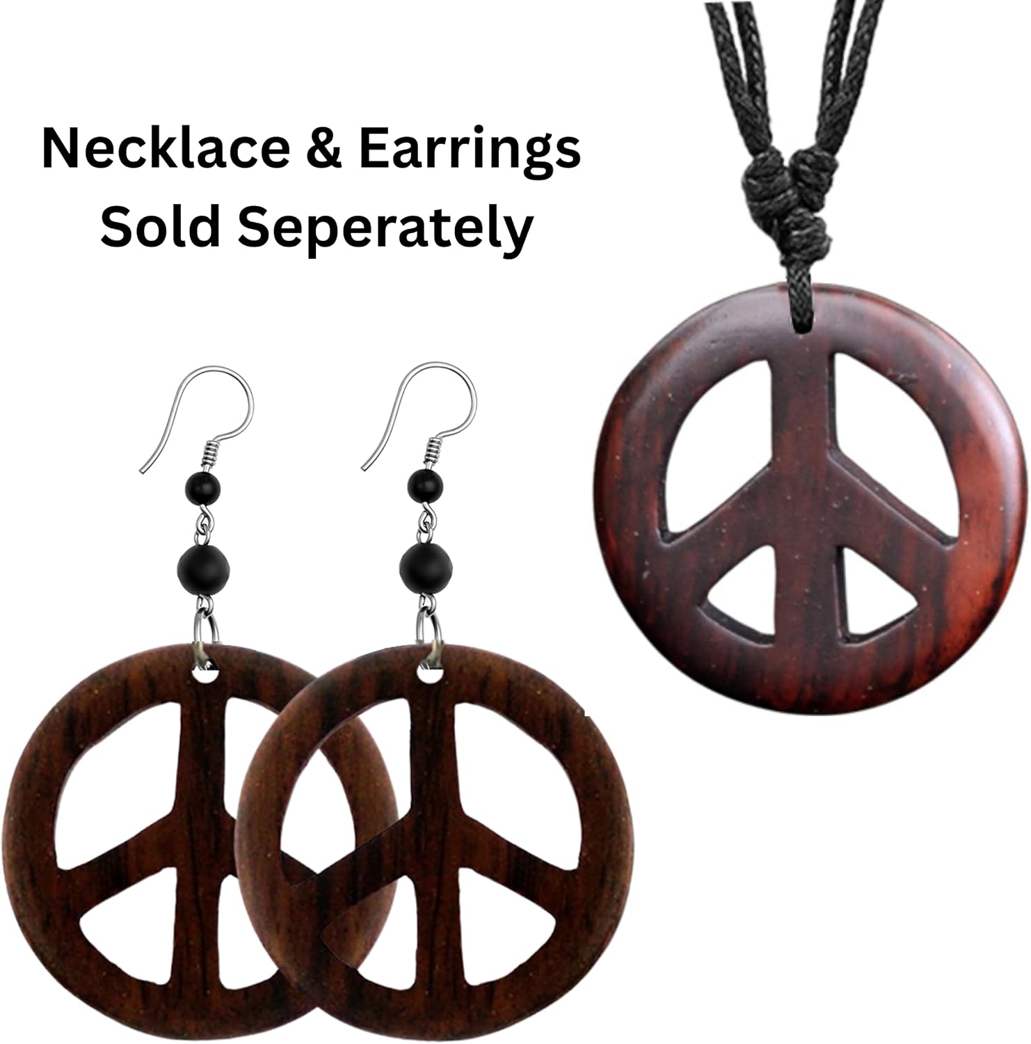 Earth Accessories Adjustable Peace Sign Pendant Necklace with Organic Wood - Hippie Accessories and Hippie Costume for 60s or 70s