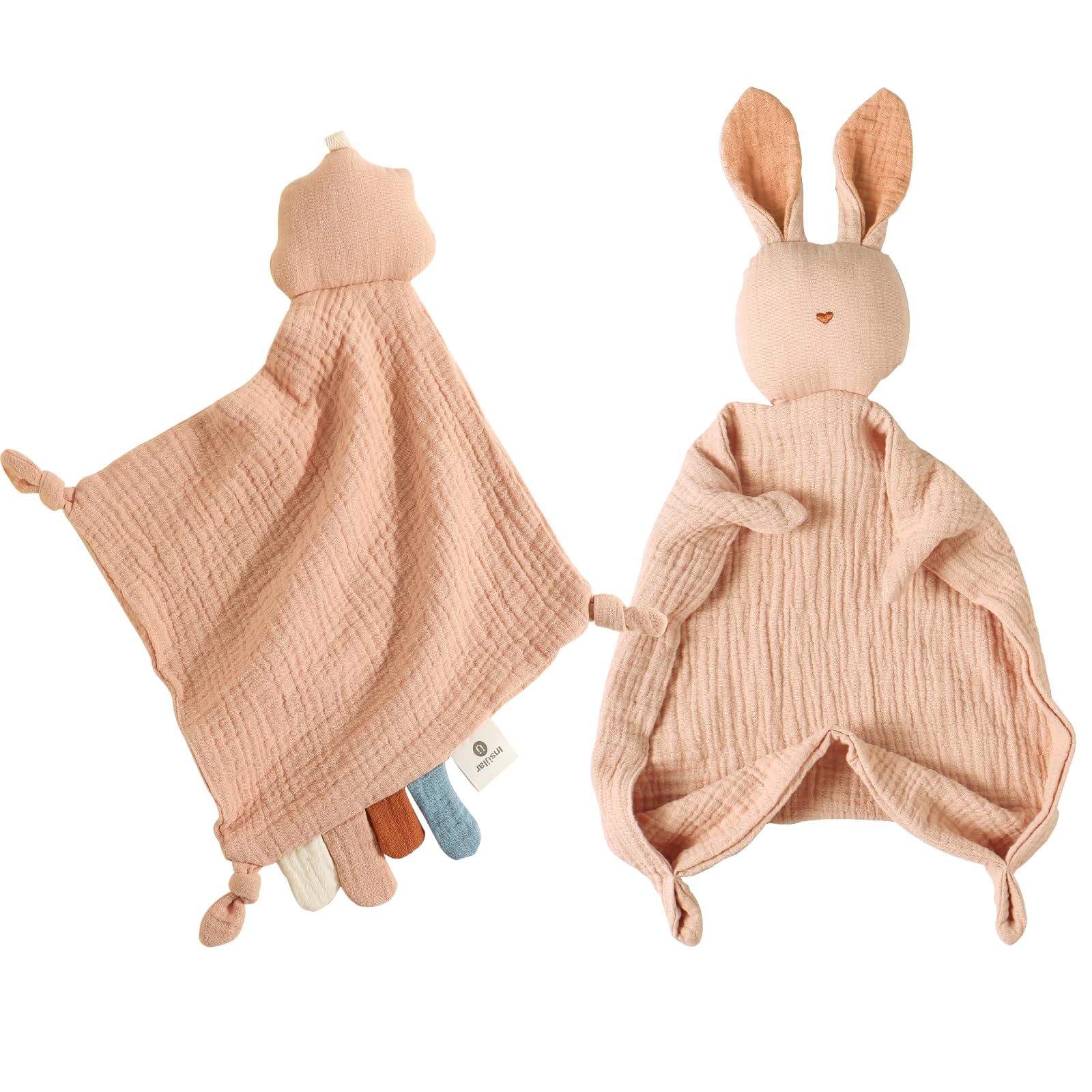 insular Bunny Lovey Blanket for Boys and Girls, Organic Cotton Muslin Security Blanket for Babies, Soft Breathable Lovie Soothing Towel for Newborn and Infant, Pink Rabbit&amp;Pink Cloud