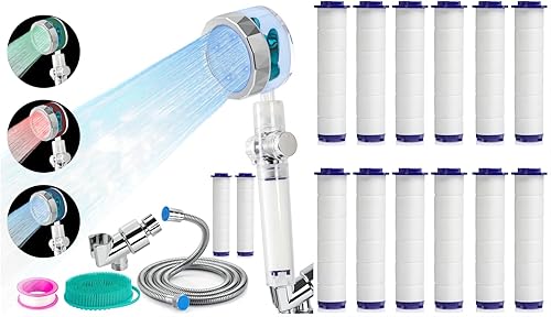 Juego de cabezal de ducha LED con manguera de ducha de 79 pulgadas, soporte de ducha, depurador corporal de silicona con 15 filtros de repuesto