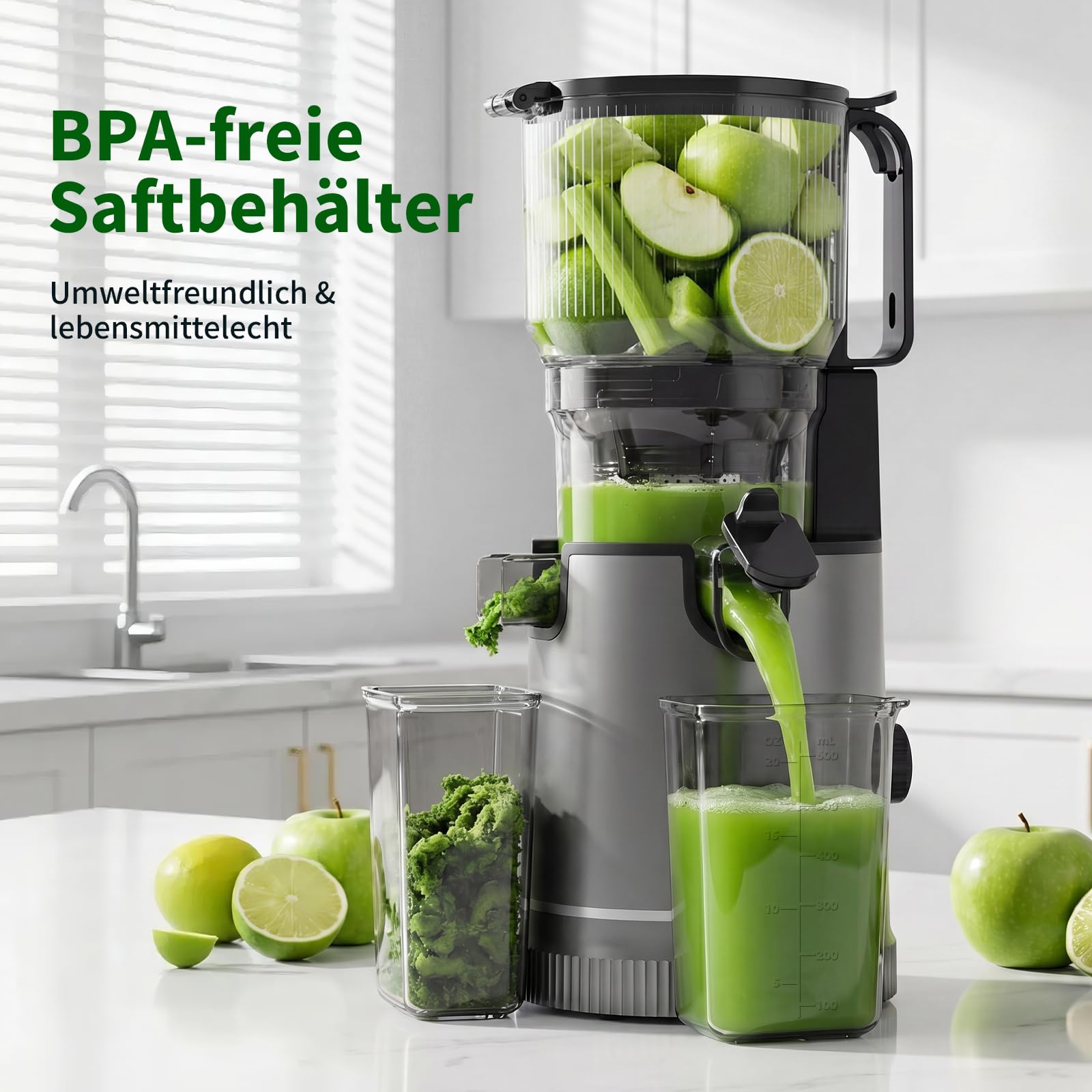 Extracteur de Jus à Froid 400W, Goulotte XL 152 mm, Tamis 3-en-1, Sans BPA, 1,8L