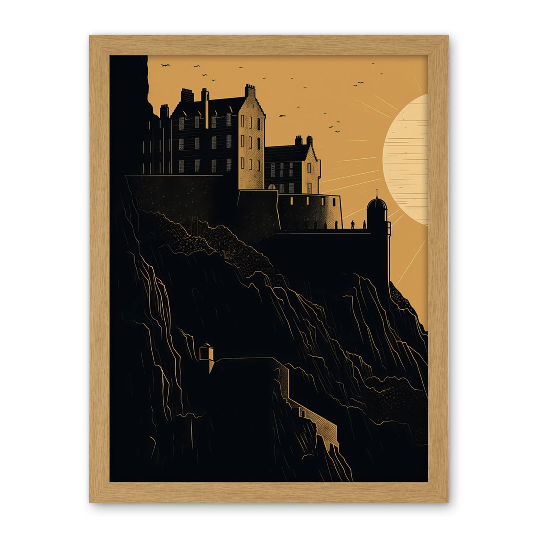 Artery8 Edinburgh Castle at Sunset Linocut Illustration Artwork Framed Wall Art Print 18X24 Inch
