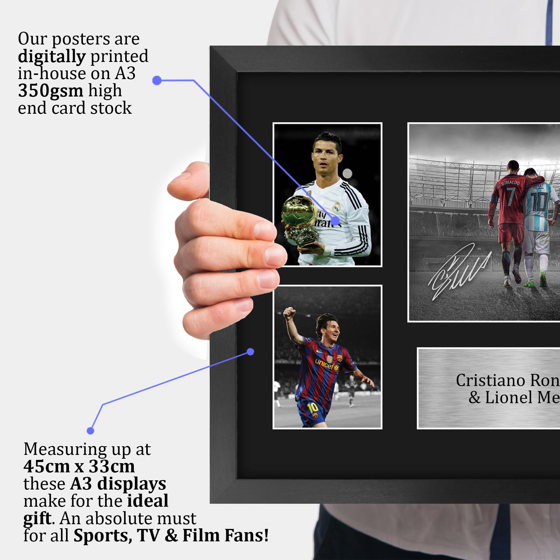 HWC Trading FR A3 Cristiano Ronaldo & Lionel Messi Gedruckte Memorabilien Signiertes Autogramm Fotodisplay für Fußball Anhänger und Fans - A3 Gerahmt