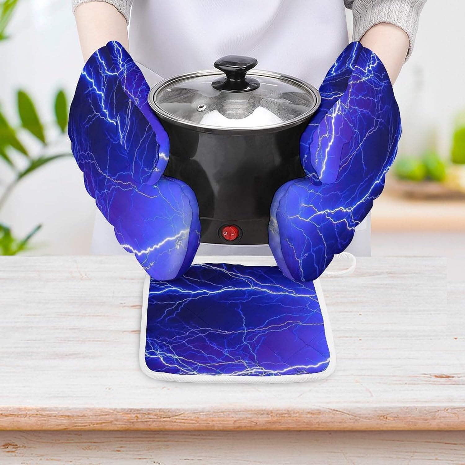 Blue Thunder Storm Print Oven Mitts and Pot Holders 3 Piece Sets Heat Resistant Gloves Hot Pads Potholders for Kitchen Baking Cooking