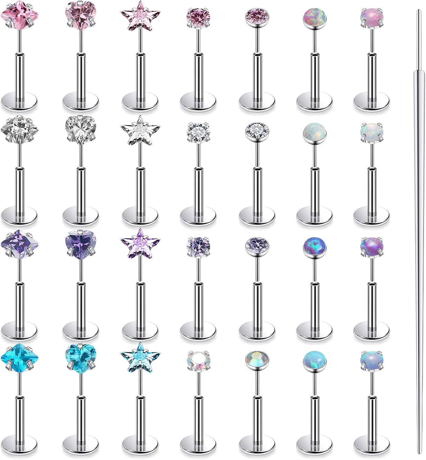 20G 18G 16G Threadless Nose Rings Studs Flat Back Earrings Surgical Stainless Steel Opal Nose Rings Stud Tragus Helix Conch Cartilage Earrings Piercing Jewelry For Women Men Hypoallergenic