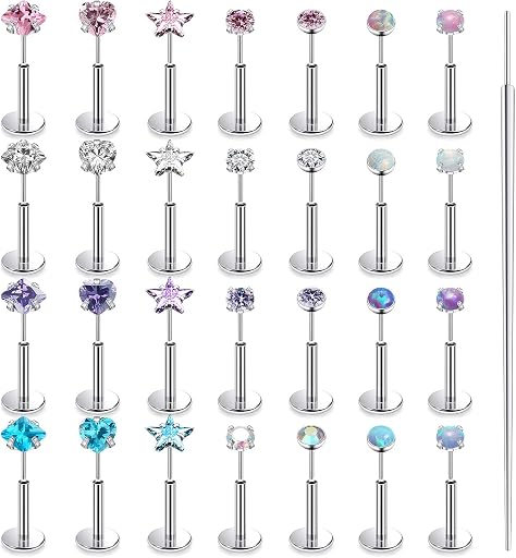 20G 18G 16G Threadless Nose Rings Studs Flat Back Earrings Surgical Stainless Steel Opal Nose Rings Stud Tragus Helix Conch Cartilage Earrings Piercing Jewelry For Women Men Hypoallergenic