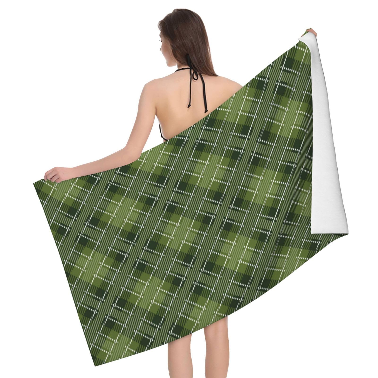 Serviette de plage à séchage rapide en microfibre absorbante motif écossais vert