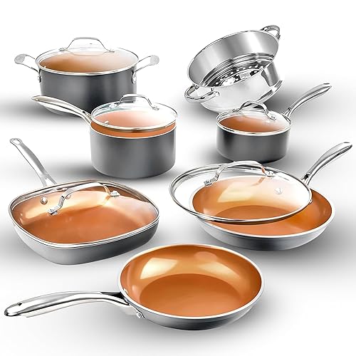 Gotham Steel 12 Pc Ceramic Pots and Pans Set Non Stick, Kitchen Cookware Sets, Pot and Pan Set, Ceramic Cookware Set, Non Toxic Cookware Set, Non Stick Pots and Pan Set, Oven Dishwasher Safe - Copper - 12 Piece Set - Graphite