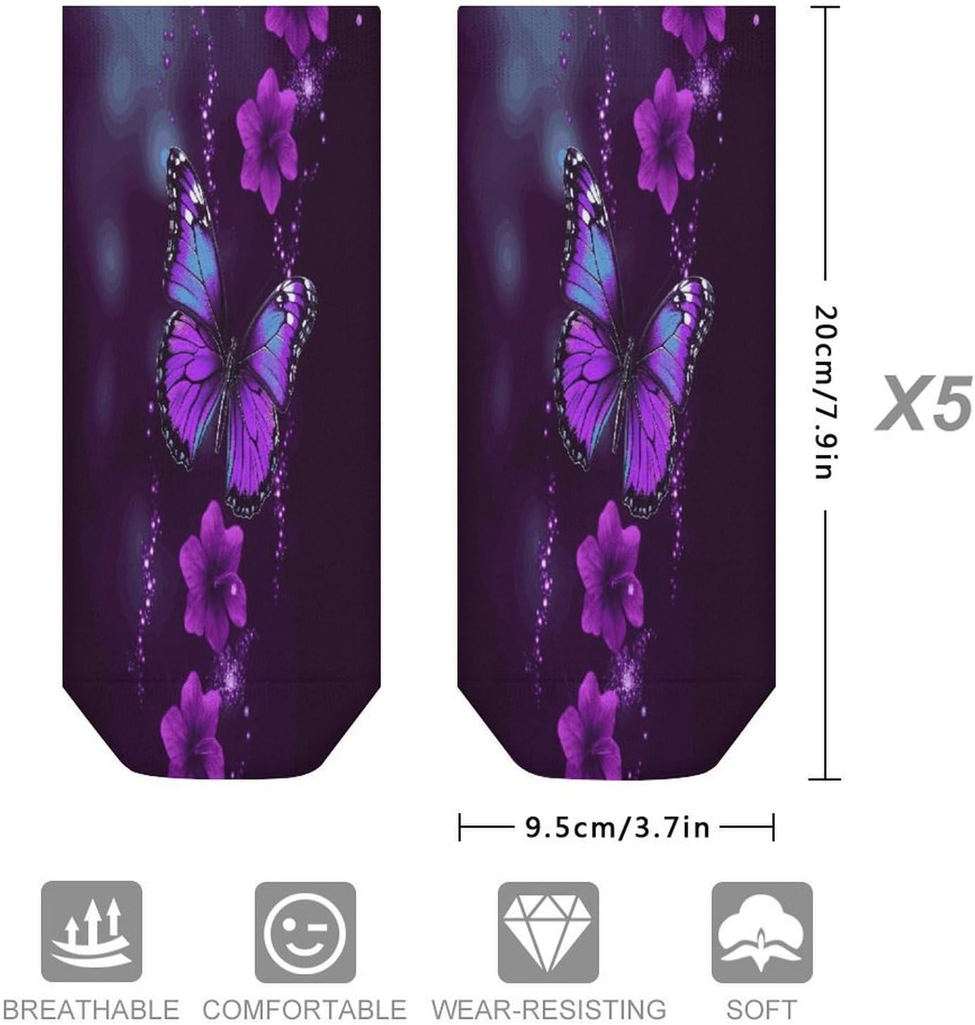 Purple Butterfly Ankle Socks for Men Women 5 Pairs | Comfortable Casual Low Cut Socks, Lightweight No Show Breathable Athletic Socks, Soft Mini Crew Socks for All Seasons