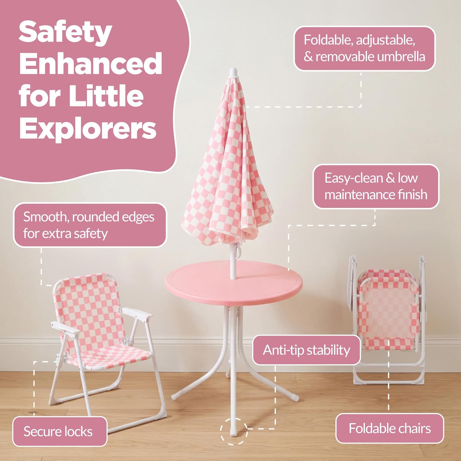 Best Choice Products Kids Picnic Table and Chair Set with Umbrella, 3-Piece Foldable Outdoor Table Set for Toddlers Ages 2-5, Patio Play Furniture, 70 lb Chair Capacity, 110 lb Table Capacity​ - Pink