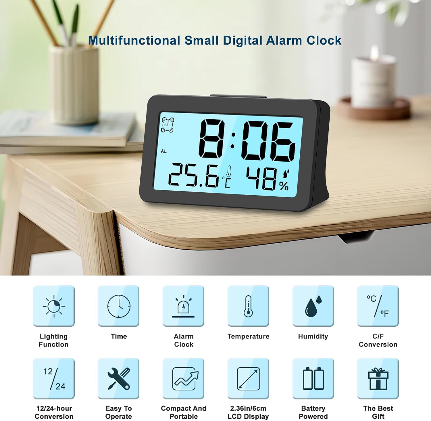 2.7" Ultra-mini Travel Alarm Clock, Portable, Small Digital Clock, Loud Alarm for Bedrooms, Battery Operated, Alarm Clock for Kids, Temperature Humidity Display, LCD, Easy to Use (1, Black) image 2