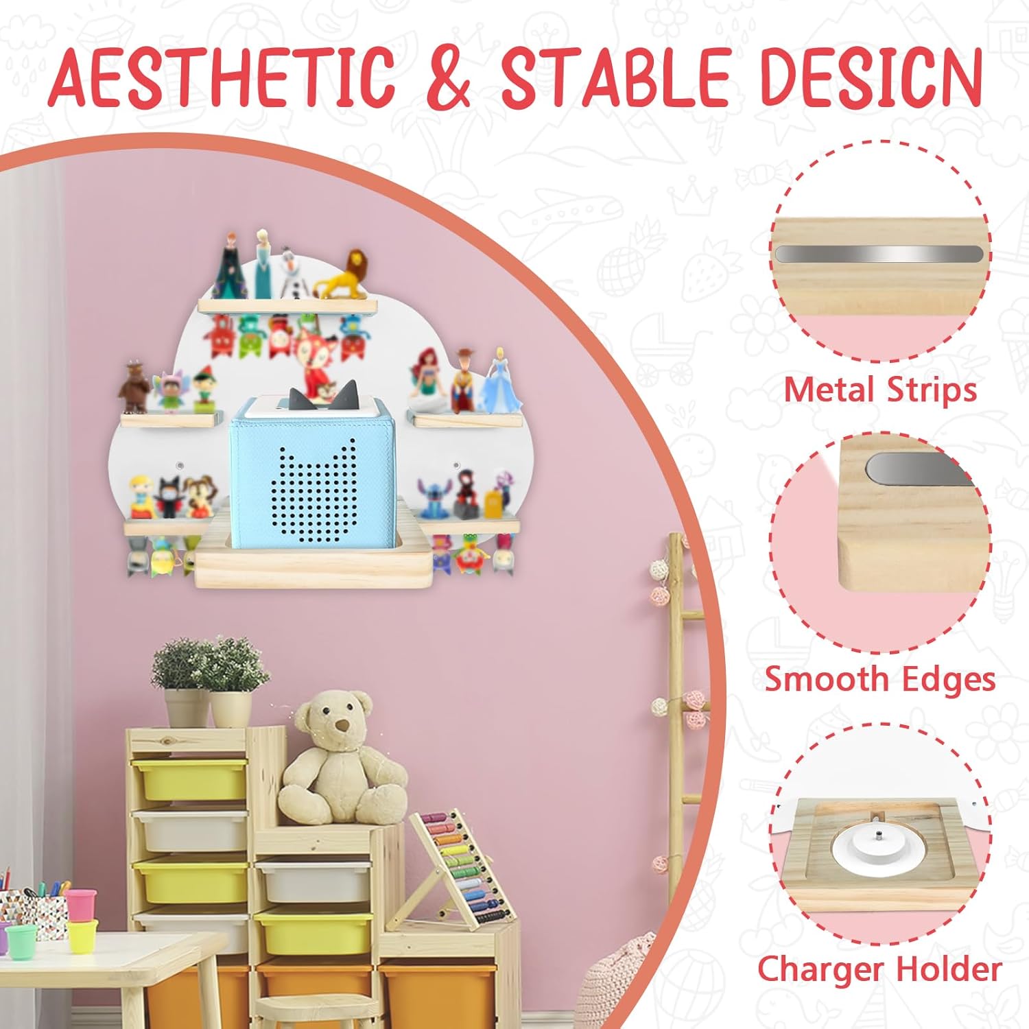 for Tonies Magnetic Floating Shelf, for Toniebox Figures Storage Display Shelf, Cloud-Shaped Wooden Kids Room Decor Easy Install Wall-Mounted Nursery Organizer, White