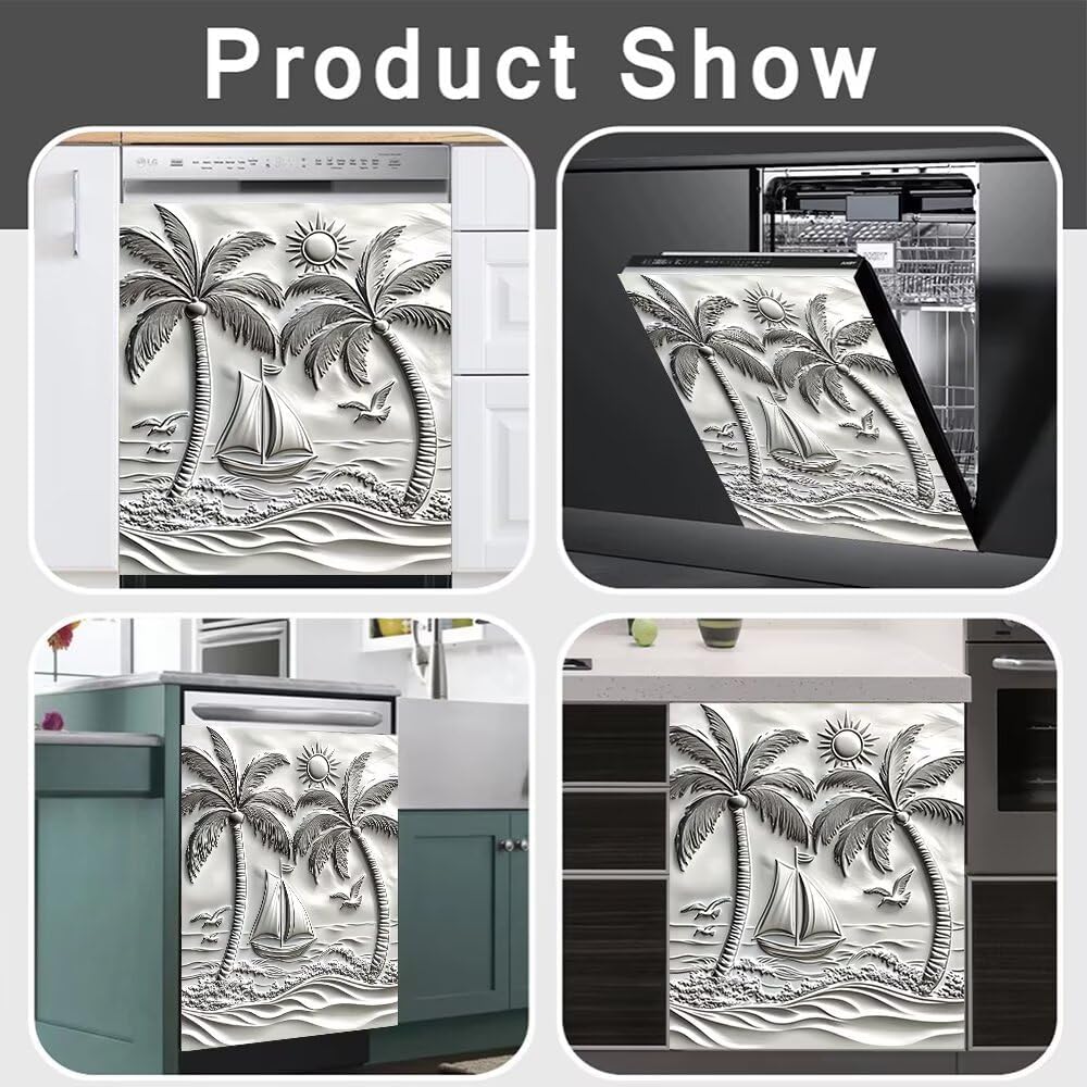 Metal Relief Palm Trees Magnet Dishwasher Skin Cover Panel, Silver Metal Sea Magnet Refrigerator Panel Decal, Boat and Seagulls Vinyl Decal for Dish Washer - (Magnetic 23"x 26")
