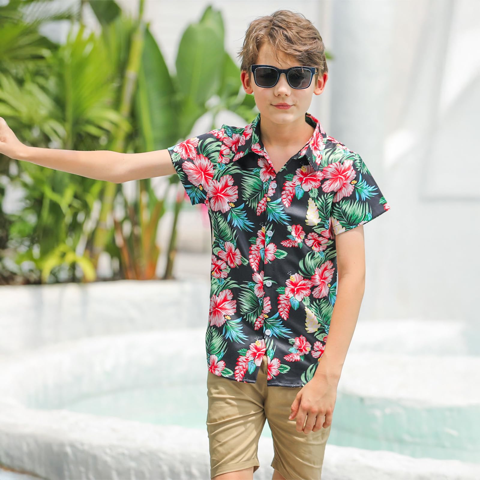 Boys Hawaiian Floral Aloha Print Shirt Button Down Dress Shirt for 7-14 Years - 3