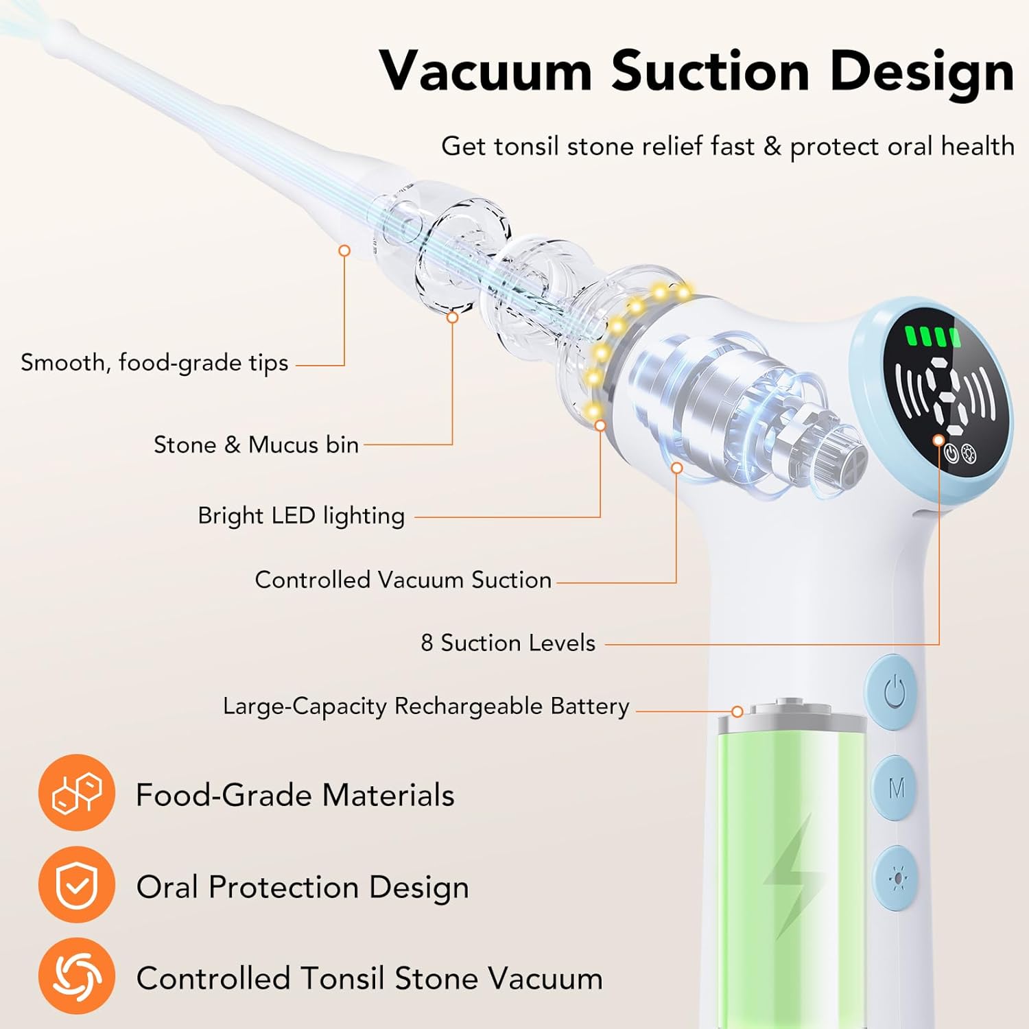 Electric Tonsil Stone Remover Vacuum – 8 Suction Levels with LED Light, Safety Pause Button & Oral Protection | High-Precision Tonsil Stone Removal Kit with 13 Attachments for Painless Cleaning