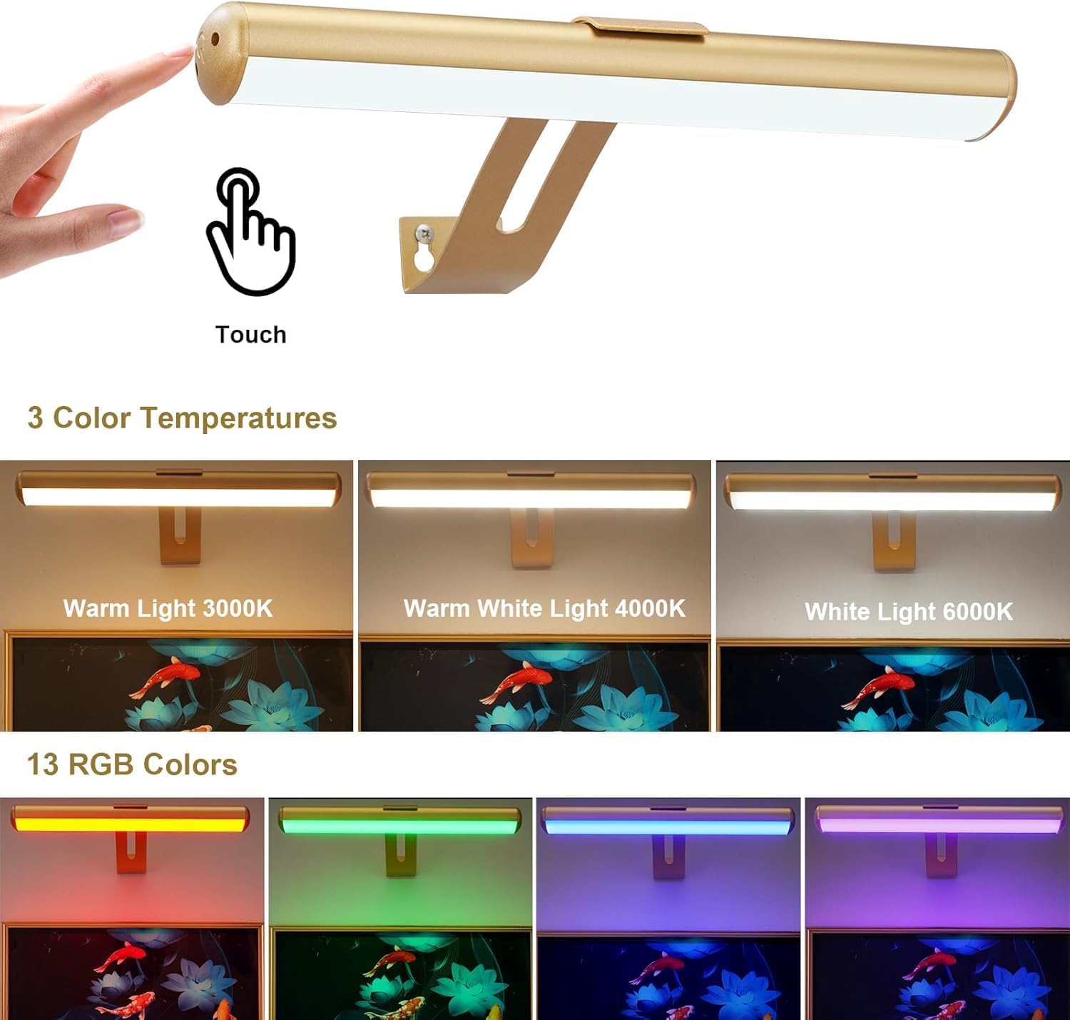 Picture Light Battery Operated, Picture Lights for Wall, Wireless Picture Light with Remote for Paintings, 48 LED, 16 Color Changing, Dartboard Light with 2 Base for Art, Gold-2Pack