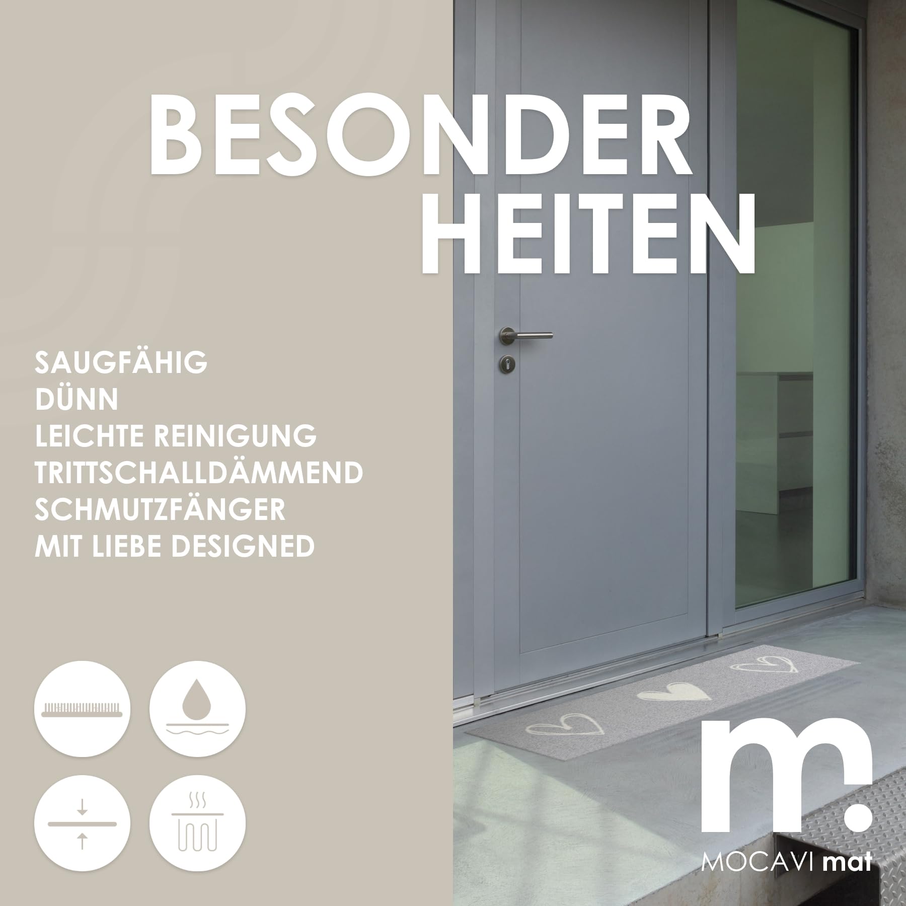 MOCAVI Mat Fußmatte Schuhparkplatz Herzen hell-grau 30x100 cm Schuh-Teppich lang, schmal, Schuhe ausziehen, Deko sbereich innen, außen, Matte, Haustür, Stiefelmatte