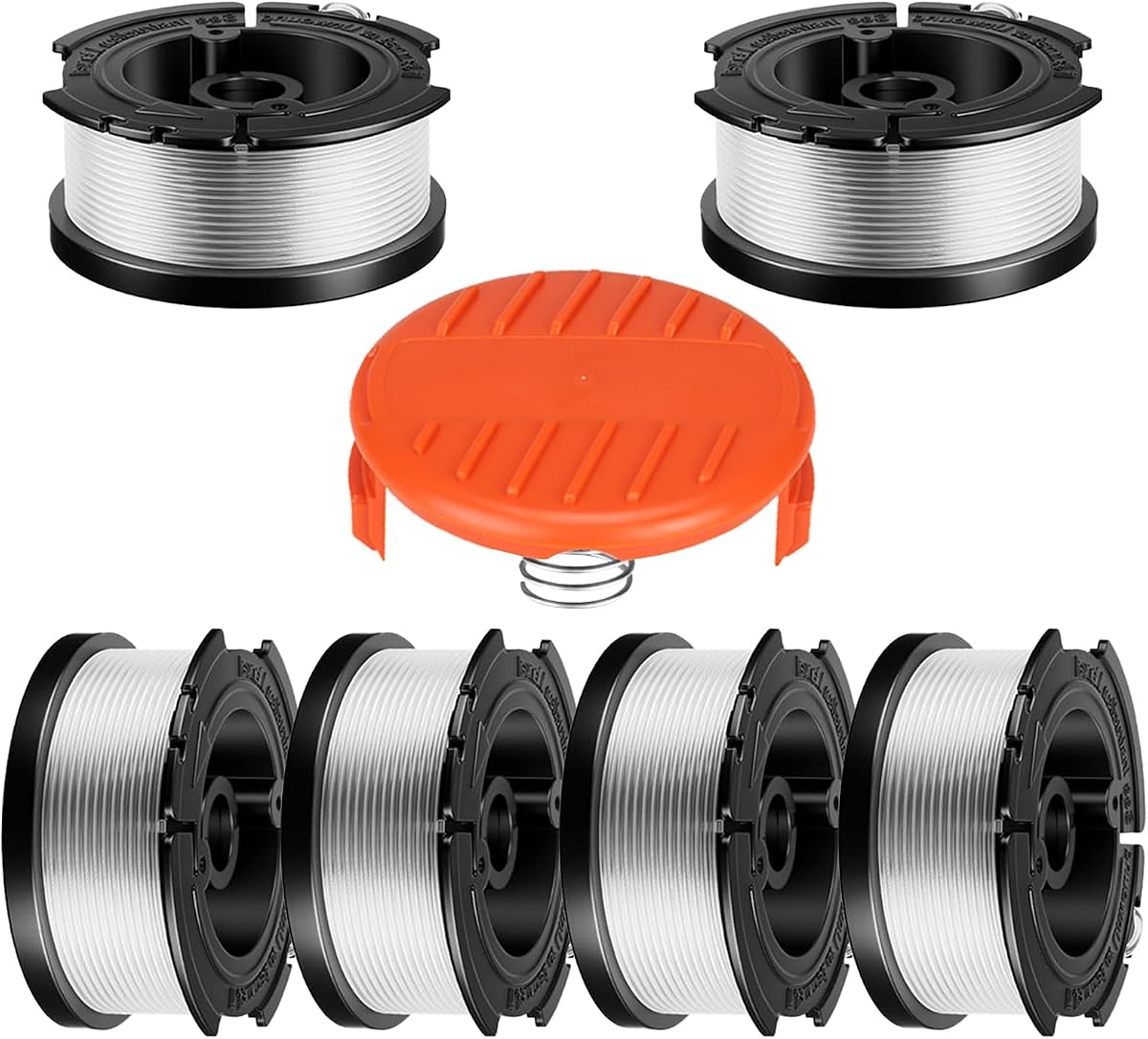 AF-100 compatible con Black and Decker BESTA510 LSTE525 LST522 LST300, repuesto para Black Decker Weed Eater Edger piezas de repuesto carrete de alimentación automática, línea de corte de hilo de 30 pies 0,065 pulgadas (6 carretes, 1 tapa, 1 resorte)