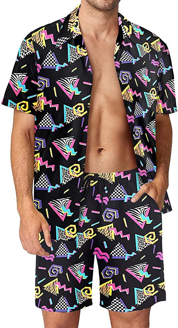 Mens 2 Pieces Vintage Shirts and Shorts Set 80s 90s Outfit Button Down Beach Suit Quick Dry for Retro Summer Party, Black, S-image-11