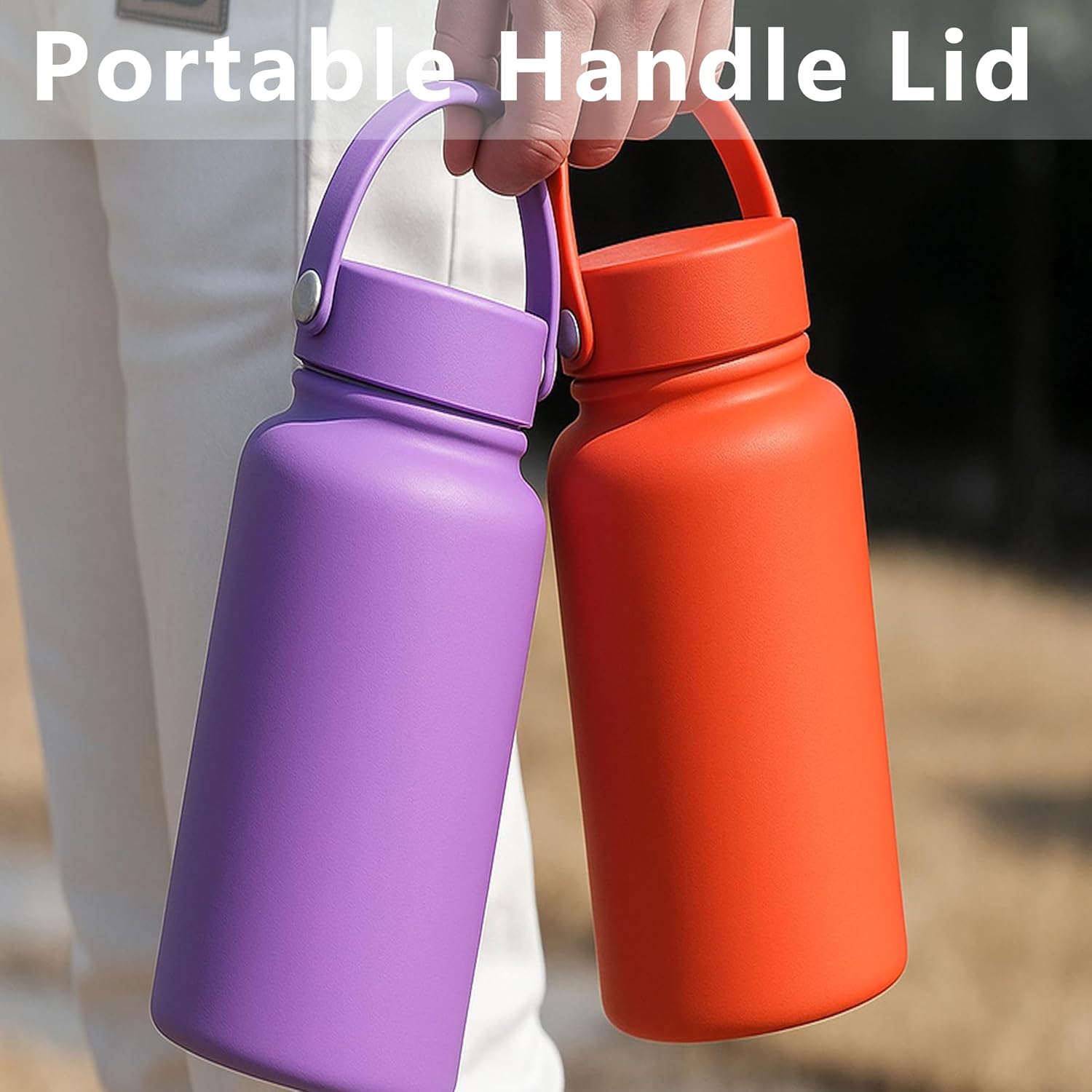 Orange 32 oz Insulated Water Bottle, Large Metal Stainless Steel Water Flask, Big Sports Travel Mens Water Bottle for Gym,Hiking,1 liters Leakproof Insulated Thermal Bottle with 2 Lids - Image 6