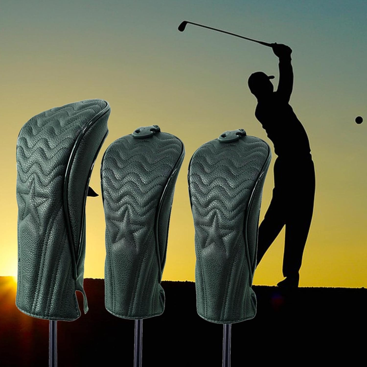 PU Golf Head Covers Set for Fairway Woods & Drivers - Long Neck Sleeve ors with Interchangeable Tags - Deluxe Star Pattern Design - Golfer Gifts for Men - Trendy Golf Clubs