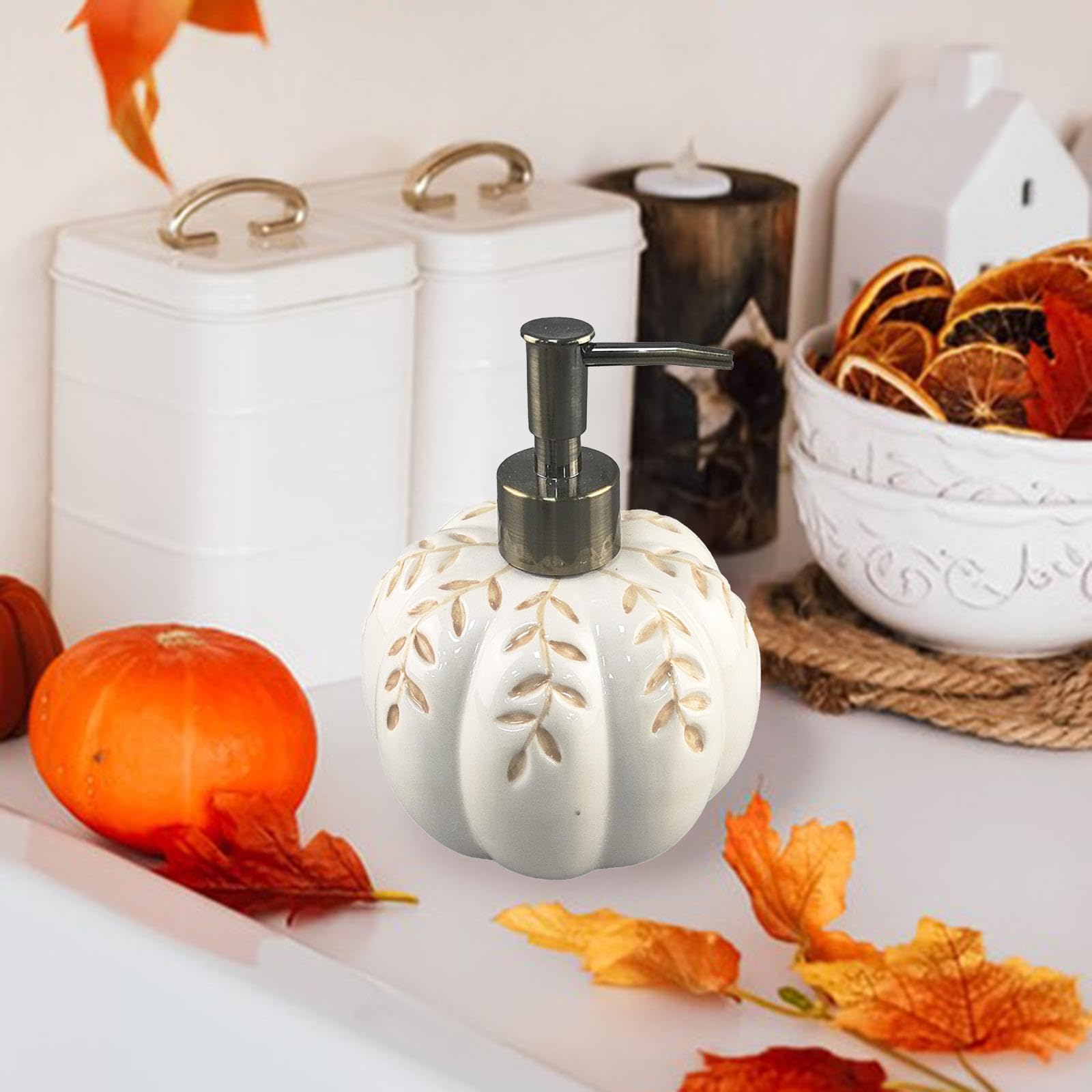 Dispenser Sapone Forma di Zucca in Ceramica Ricaricabile per Bagno Cucina Flacone Lozione Liquida Pompa Pratica Adatto per Regalo Decorazi, Bianco