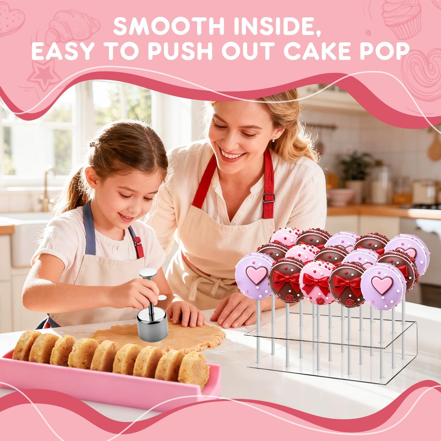 Cake Pop Mold Set with Acrylic Cakepop Stand, Stainless Steel Circle Cake Pop Cutter, 9 Inch Silicone Tray, 100 Pcs Sticks, 100 Pcs Clear Wrappers, 100Pcs Gold Twist Ties for Home Baking Parties