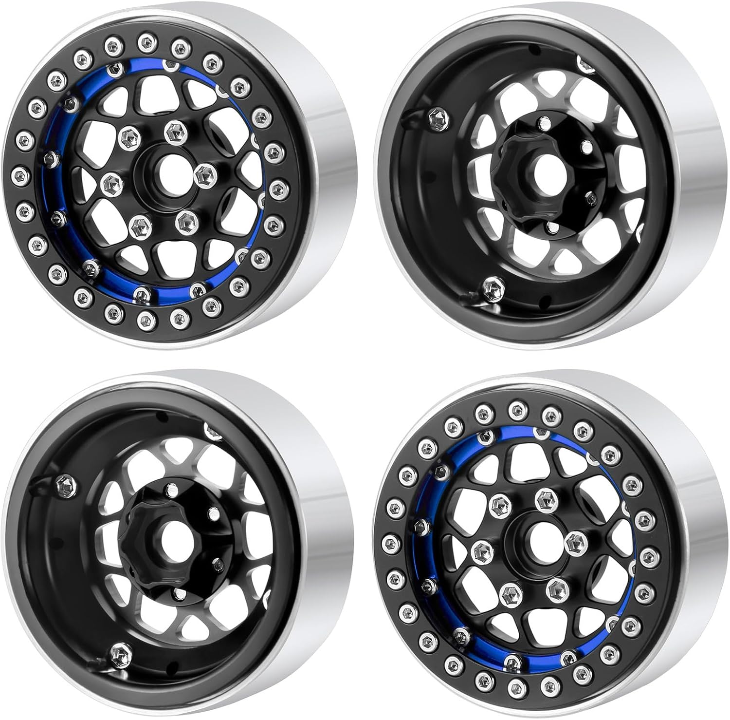 4PCS Beadlock Rims 1.9 Inch Wheels RC Rim Hub Aluminum Beadlock Rims for SCX10 CC01 F350 D90 90034 TRX4 1/10 RC Crawler - 12mm Hex (Matte Black+Blue)