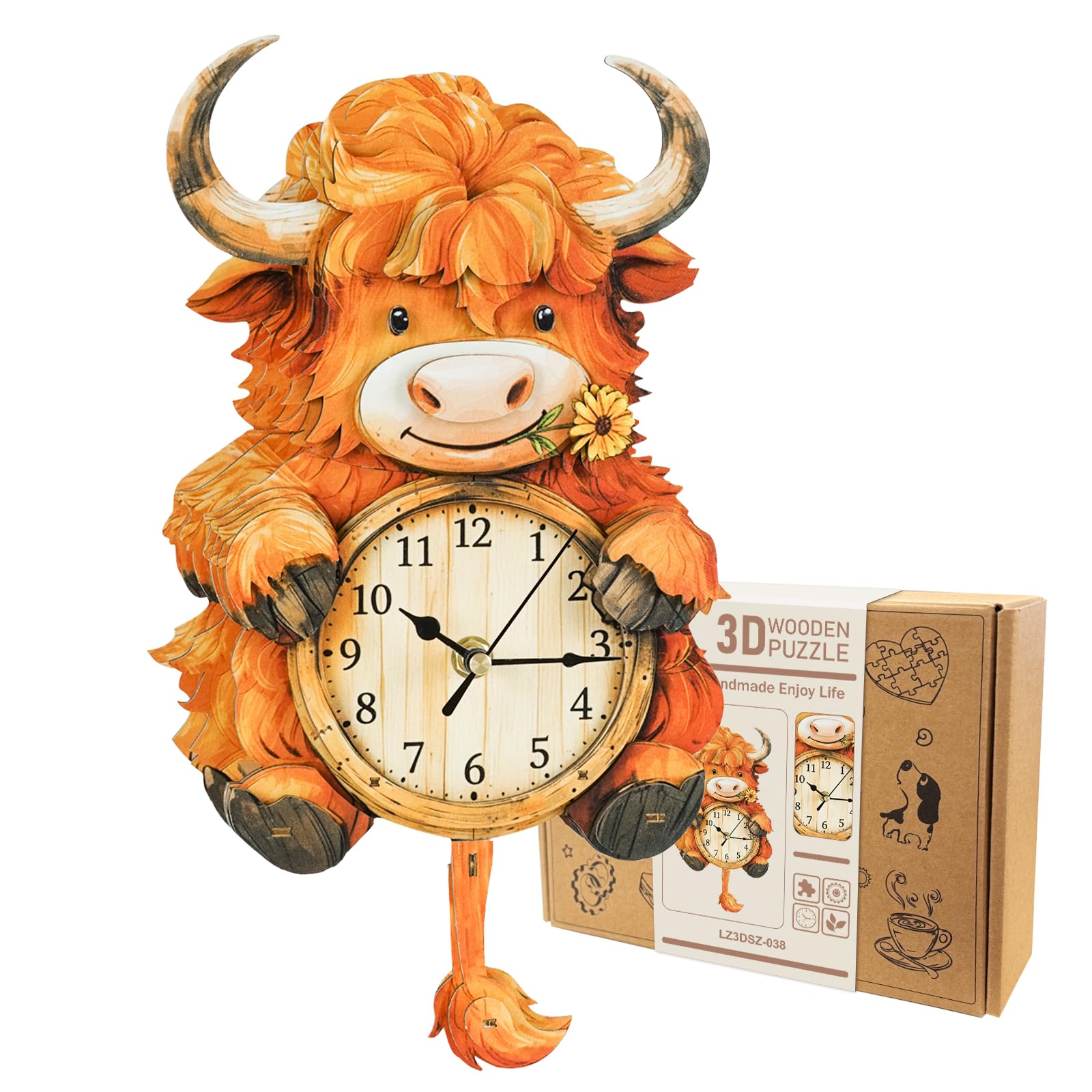 WOODBESTS 3D Puzzles for Adults - Highland Cow, 3D Wooden Clock with Functional Timepiece, Mechanical Wooden Model Building Kit for Women Men, DIY Wall Art Clock for Home Decor Gifts