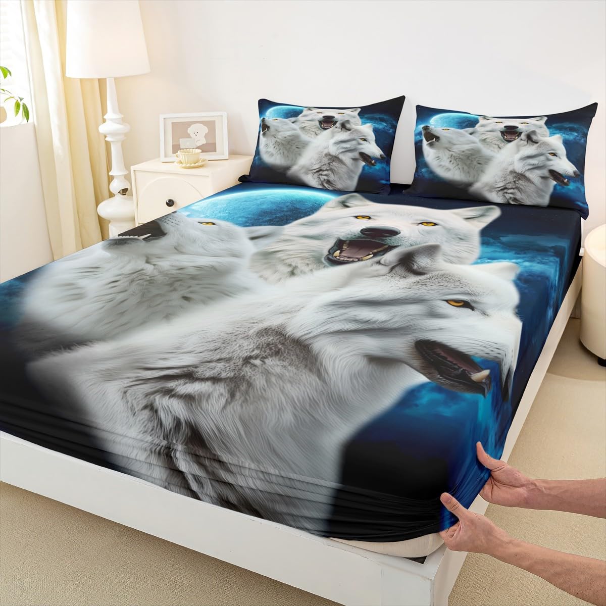 Parure de lit loup avec drap-housse imprimé 3D lune et 2 taies d'oreiller pour ado