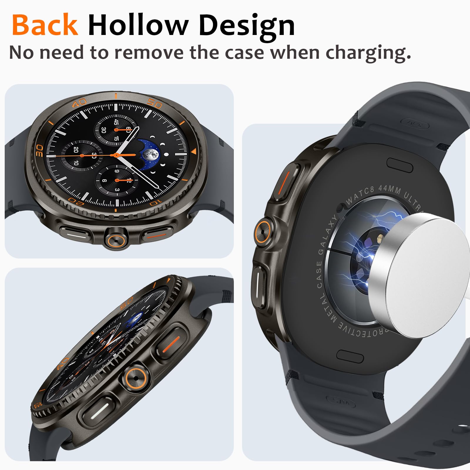 3 in 1 Métal Coque Compatible avec Samsung Galaxy Watch 8 44mm avec protection d'écran, Robuste Bumper Rayure Résistant Protecteur Coque pour Galaxy Watch 8, Graphite/Orange