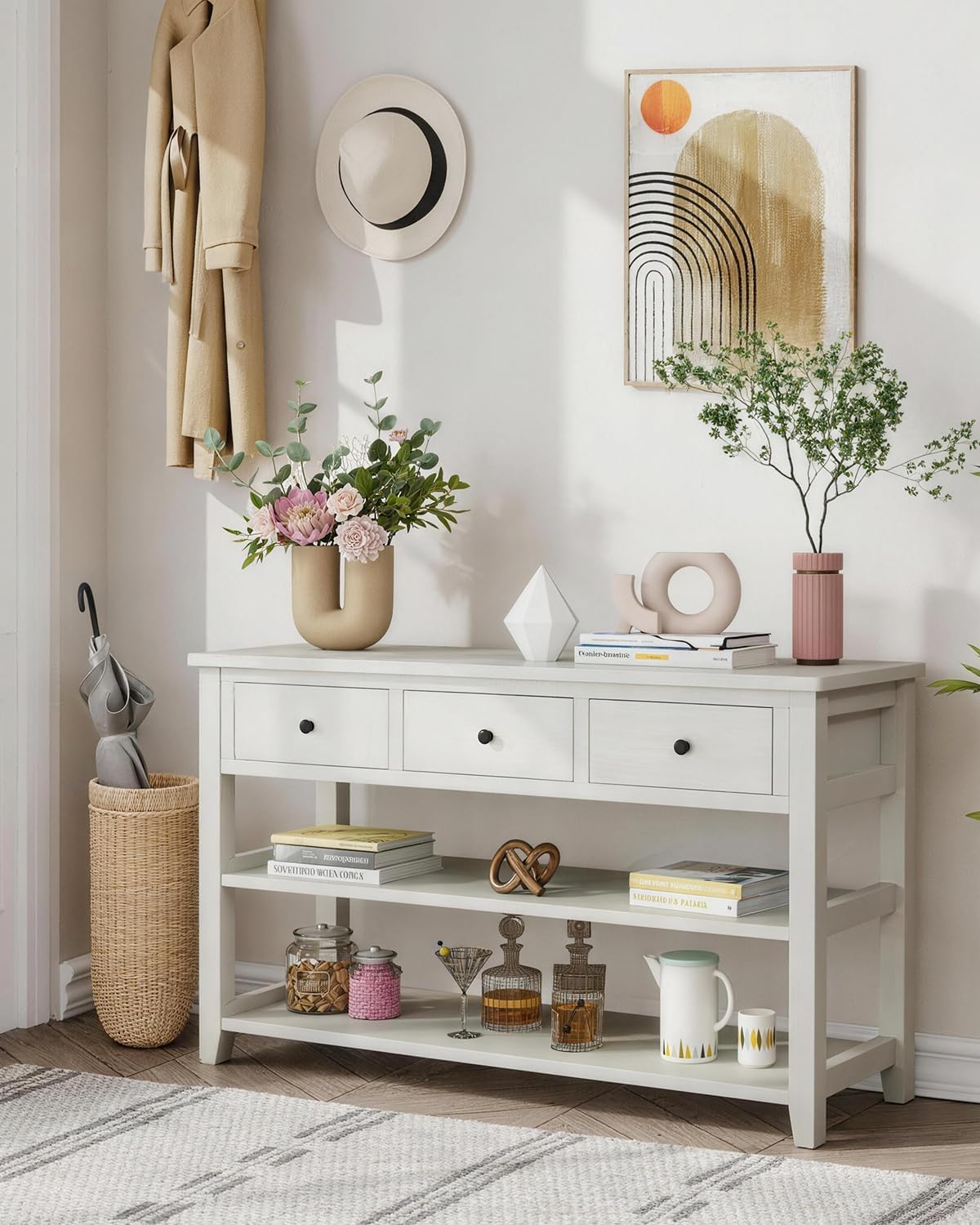 Karl home Console Table Entryway Desk, Sofa Side Table with 3 Drawers 2 Bottom Storage Shelves, Vintage TV Stand for Hallway Living Room Office, Antique White 29.9" H