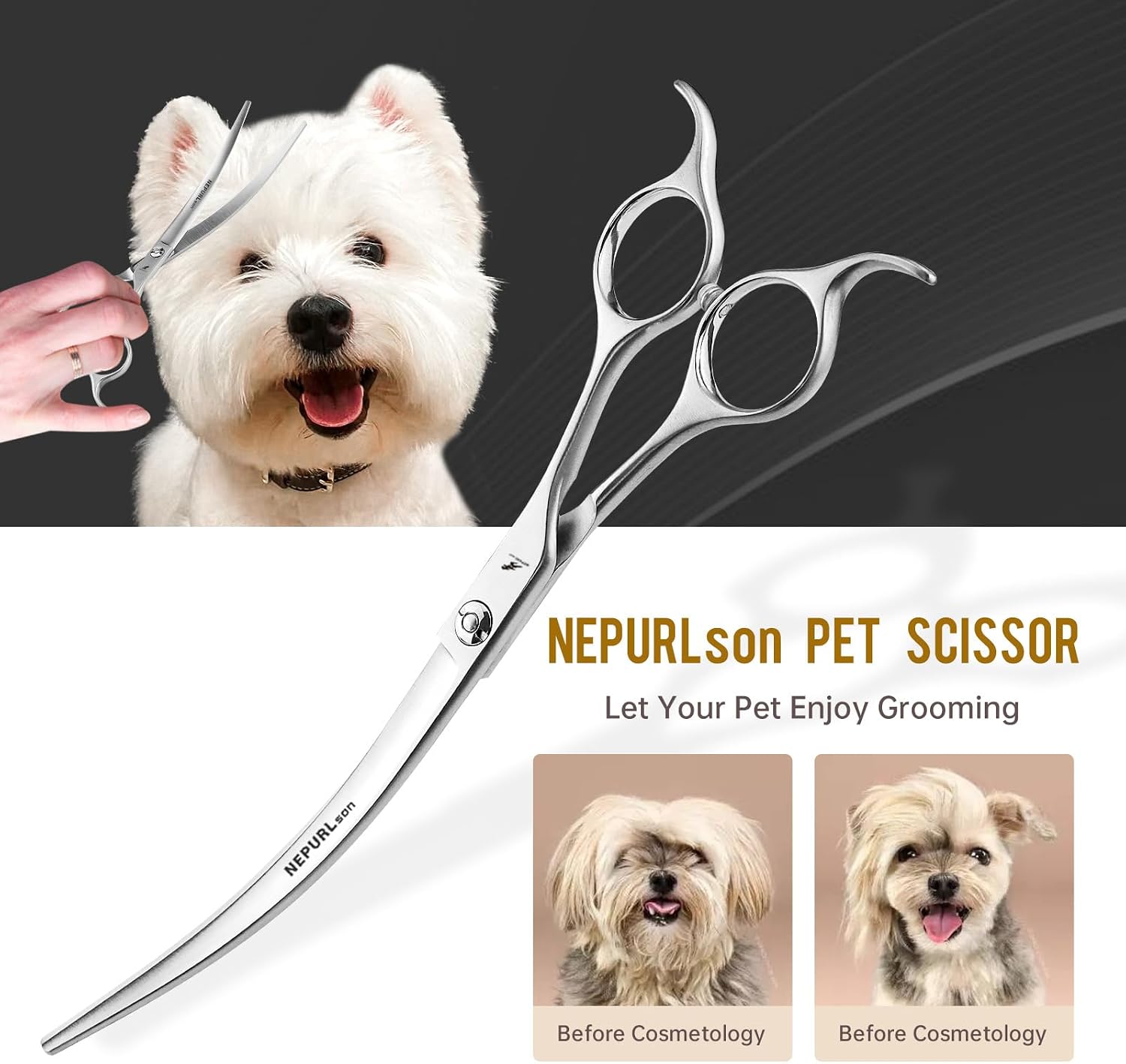 Pet Grooming Curved Scissors 7.5in JP440C Stainless Steel Dog Hair Cutting Shears with 45° Double Tail Design, Ergonomic Handle, Adjustable Screw for Dogs and Cats,Bright
