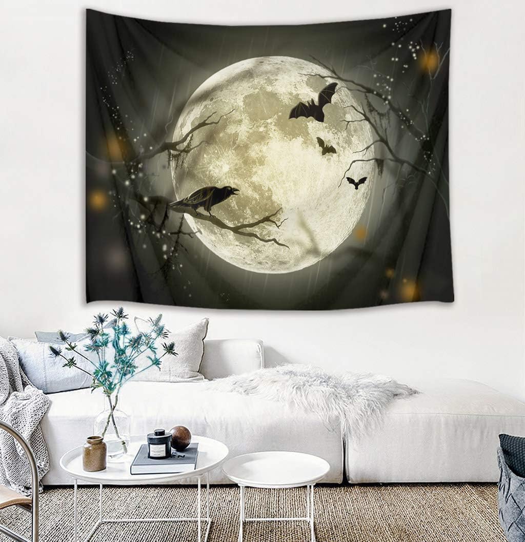 LB Halloween Full Moon Tapestry Wall Hanging Creepy Halloween Night Black Bat Crow Taspestry Wall Art Blanket for Bedroom Living Room Dorm Home Wall Decor, 92.5x70.9 Inches