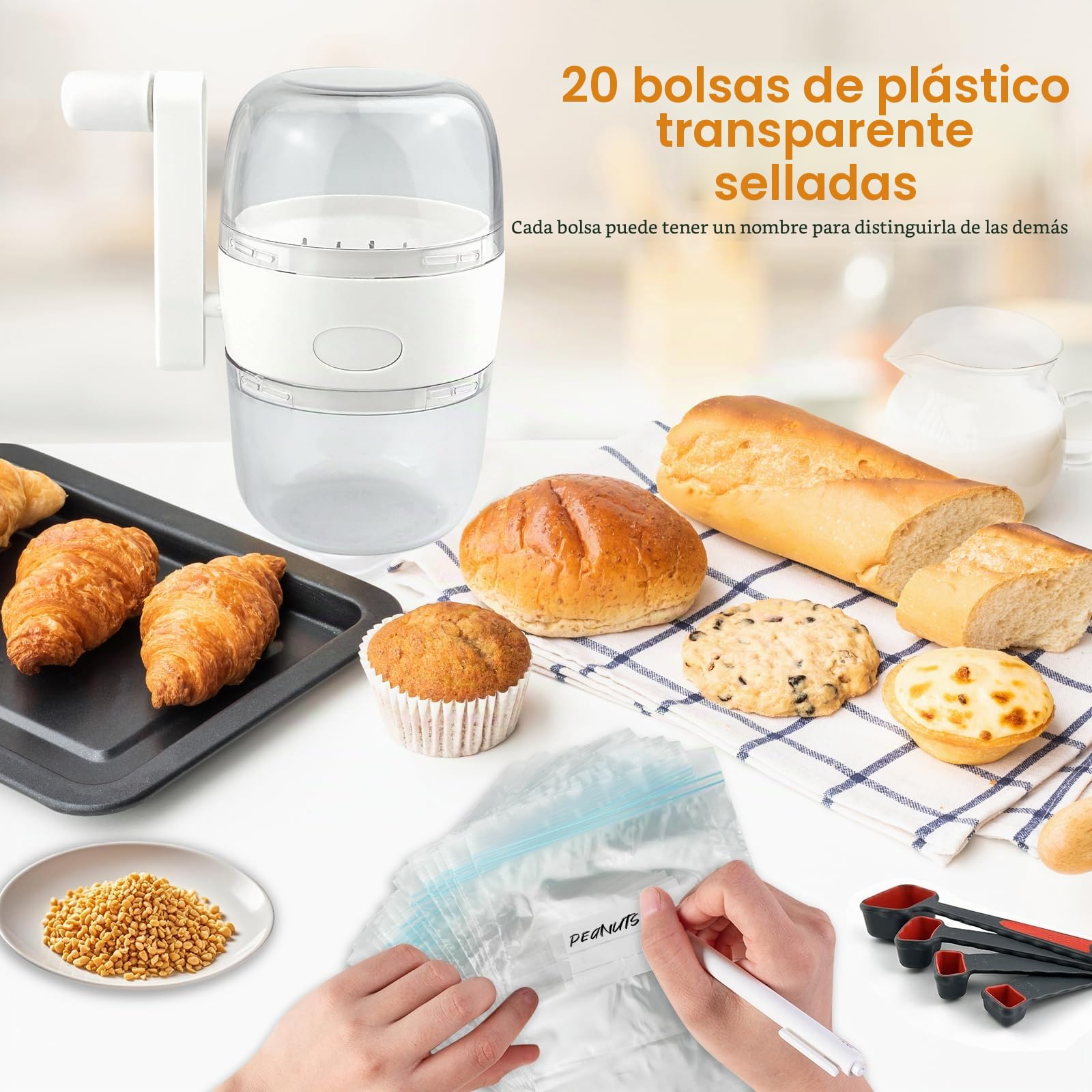 Trituradora de Nueces Manual, Molino Trituradora Nueces Desmontable | con 20 Bolsas Refermables y 1 Cuchara Dosificadora para Almendras, Avellanas, Anacardo etc