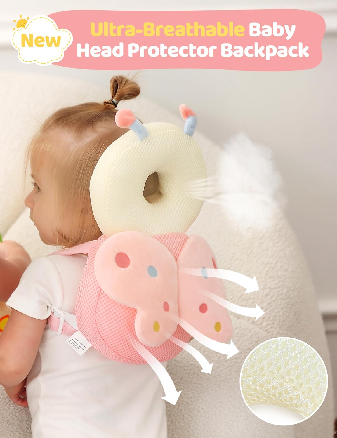 JunNeng Breathable Baby Head Protector Backpack, Pink Dots Butterfly | Summer Cool Mesh, Lightweight , Fall Head Protection For Baby Walking