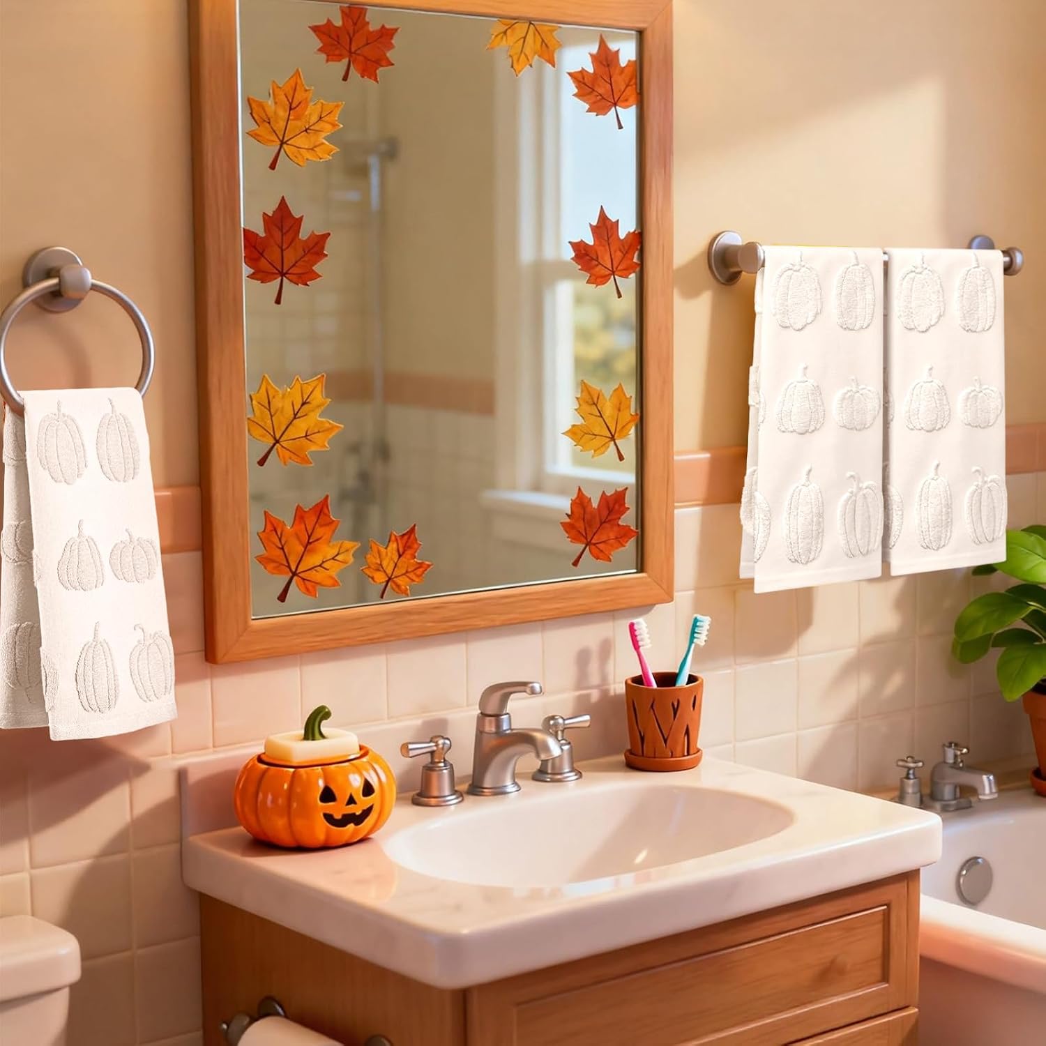 3 Pcs Fall Hand Towel Beige Pumpkin 3D Cotton Jacquard Kitchen Towel