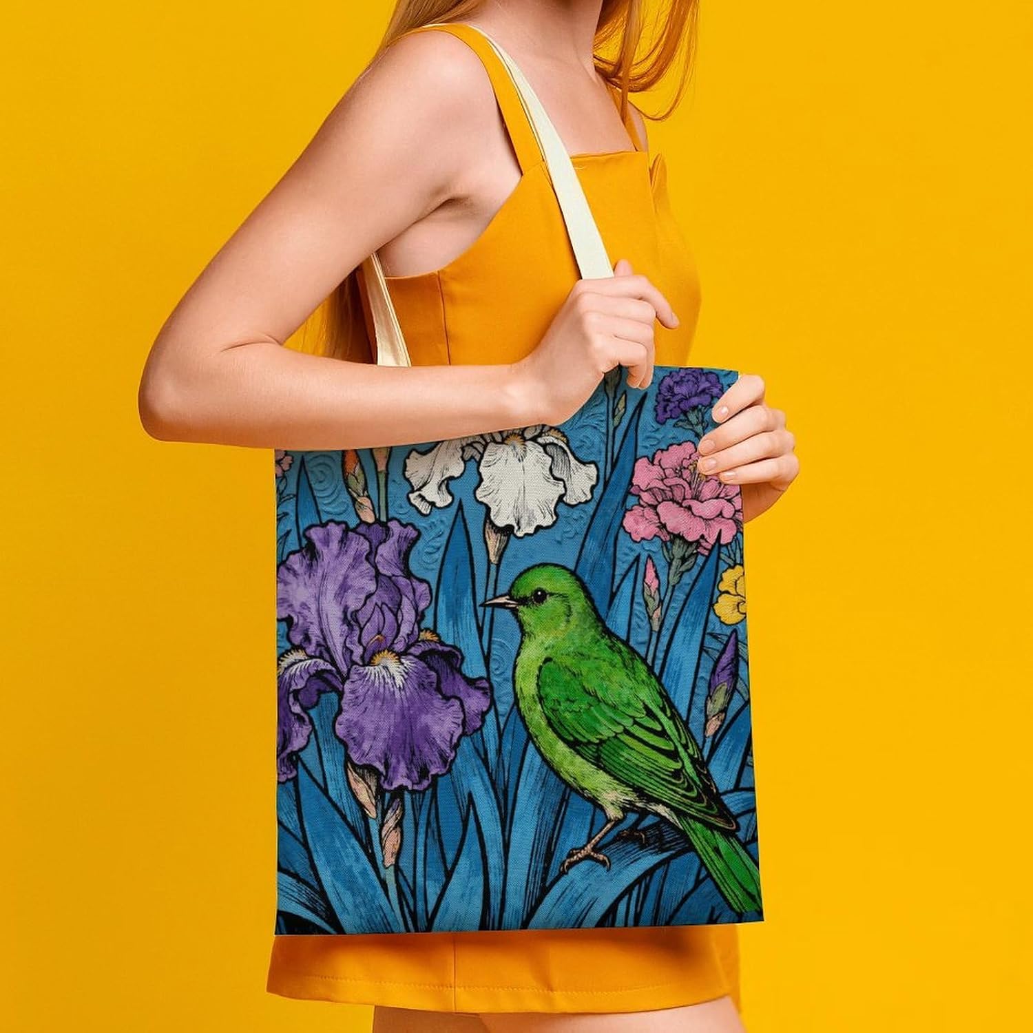 Green Bird And Flowers Canvas Tote Bag Reusable Grocery Bags Foldable Soft Cotton Shoulder Carry Bag