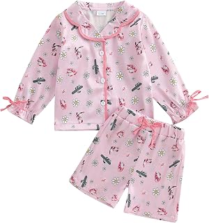 Toddler Baby Girl Satin Pajama Set 2Piece Silk Pjs Western Sleepwear Long Sleeve Button Down Top And Shorts Pajamas