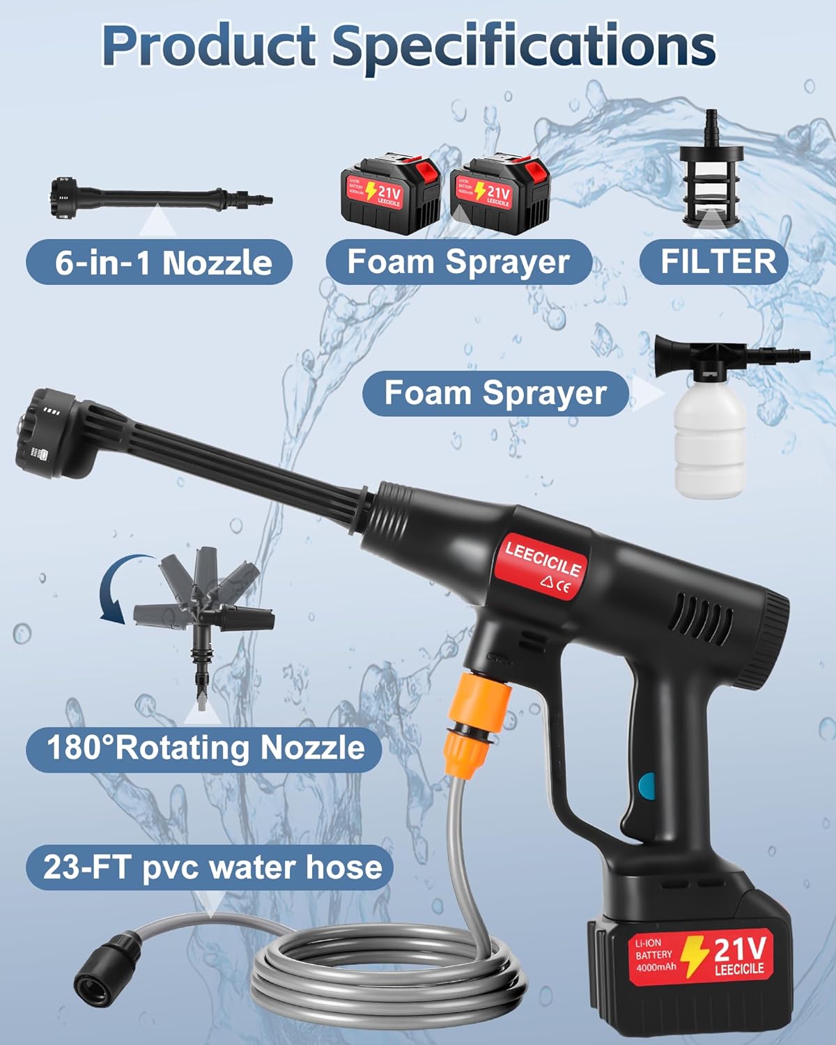 Battery Portable Pressure Washer, 1450PSI Powered Cordless Power Washer (21V 4000mAh Battery) with Brushless Motor, 6-in-1 Nozzle, 3 Power Levels, 23FT Drain Hose, for Car,Patio, Floor, Deck Cleaning - Image 6